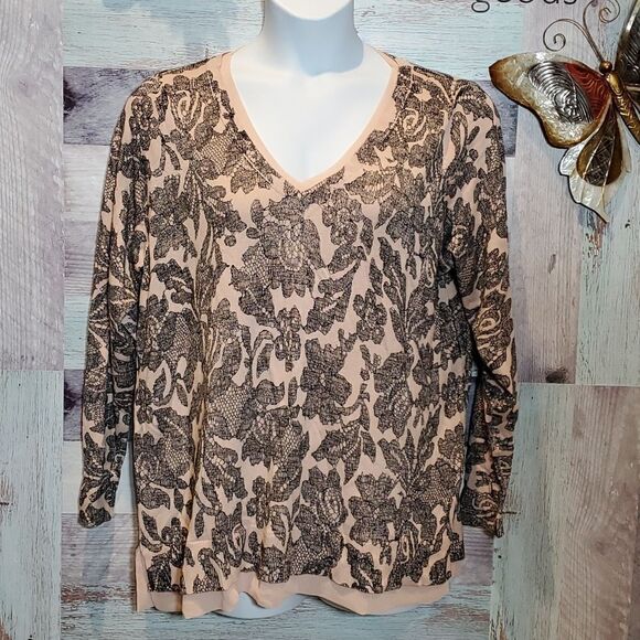 Lane Bryant Sz 18/20 Blush Black Lace Illusion Print VNeck Lightweight Blouse - Picture 1 of 10